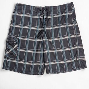 Hurley Board Shorts Mens 33 Black Blue Plaid Cargo Pocket Draw String Swim Trunk